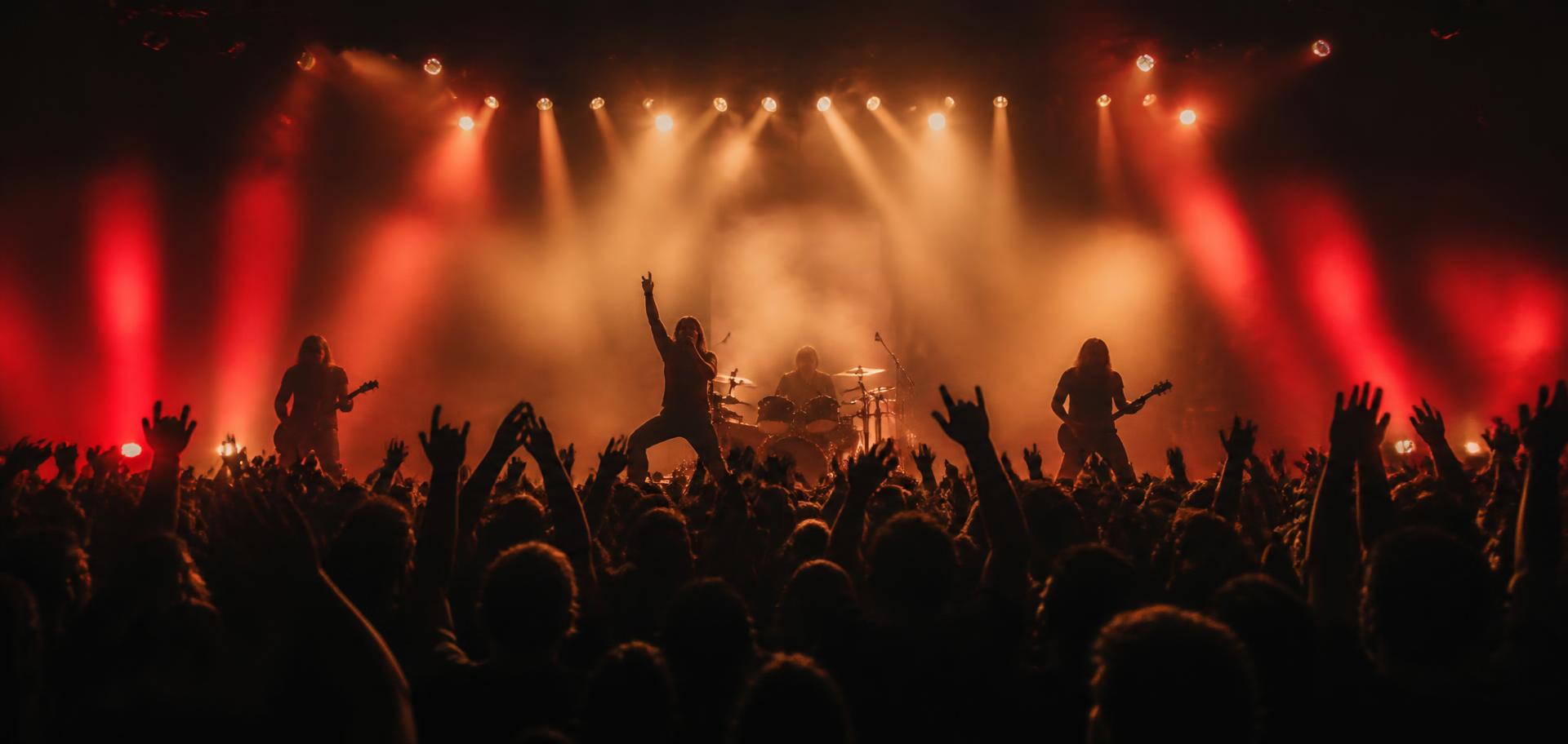 Packed crowd with hands raised in front of a band performing under red and gold stage lights