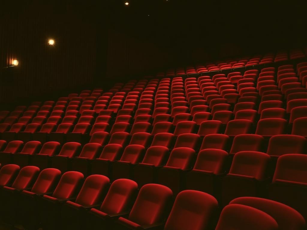 Tiered rows of deep red theater seating inside the Atlanta concert hall auditorium
